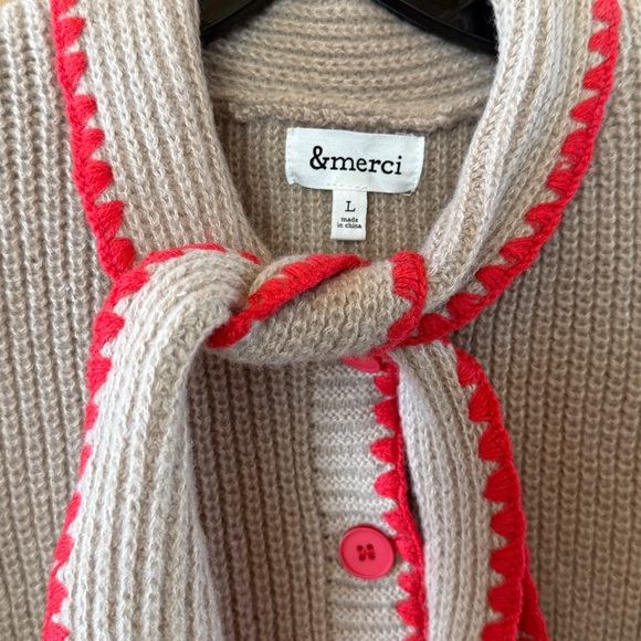 &Merci Tie Neck Sweater Knit Vest blanket stitch Cotton Red/ Tan Color Large - Picture 4 of 8